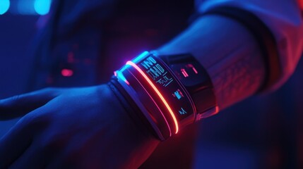 Poster - Futuristic wristband, glowing display, cyberpunk city, night