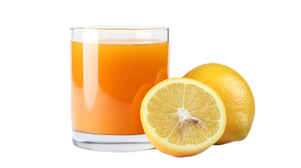 Canvas Print - A glass of orange juice is next to a lemon isolated on white background, top view, PNG transparent background