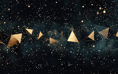 Poster - abstract geometric gold triangles and sparkly dots on deep blue background, elegant cosmic design.