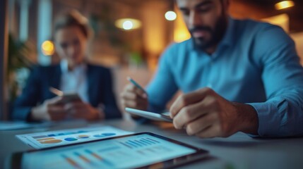 Poster - Man reviewing data on tablet, colleague in background, office, night