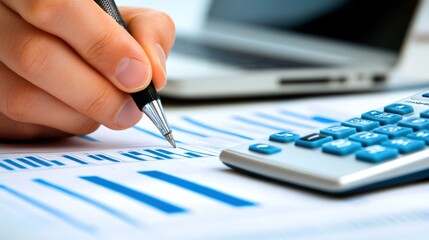 Poster - hand writing financial report, office desk, laptop, calculator