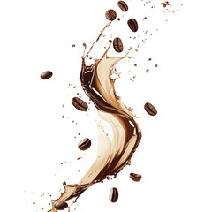 Poster - A dynamic image showcasing a swirling splash of coffee with coffee beans scattered around it against a white background.
