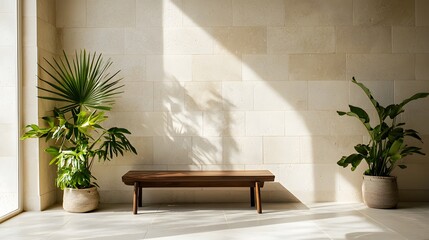 Poster - Cozy and Serene Minimalist Interior with Wooden Bench and Lush Greenery in Sunlit Room   Natural Light Fills the Space Creating a Tranquil and Inviting Atmosphere for Relaxation or Work