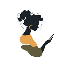 Poster - A stylized silhouette of a woman with curly hair using a mobile phone, presented in a minimalist abstract art style.