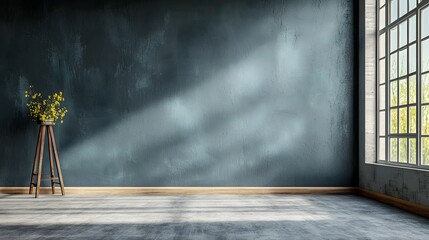 Poster - Empty interior of a modern industrial loft with concrete walls and wooden floor under dramatic cloudy lighting  The room has a minimalist and rustic aesthetic