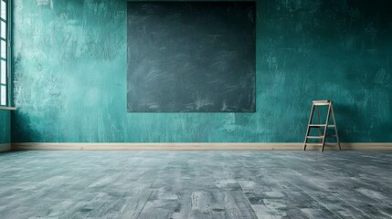 Poster - Vintage Textured Green Wall with Blackboard and Wooden Ladder in Empty Rustic Room with Hardwood Flooring and Natural Lighting from Window