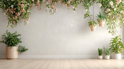 Poster - Cozy minimalist living room interior with lush green plants wooden decor and bright natural lighting creating a serene organic atmosphere