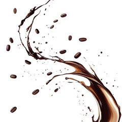 Aufkleber - An abstract image depicting a dynamic splash of dark coffee liquid with scattered coffee beans against a white background.