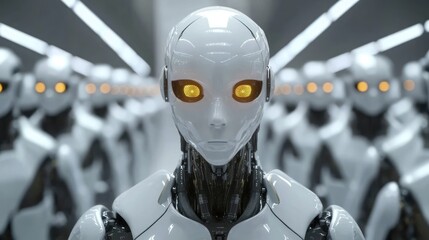 Poster - Humanoid robots line up in futuristic facility