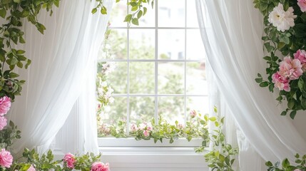 Poster - A classic white window surrounded by lush flowers and soft curtains in a romantic setting