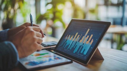 Poster - Analyst reviewing financial charts on tablet, cafe