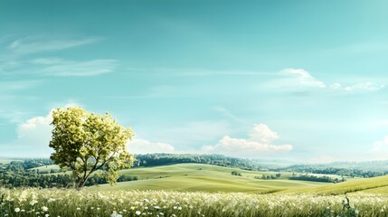 Poster - Breathtaking rural landscape with a lush green meadow rolling hills and a picturesque sky with fluffy white clouds  Serene and peaceful countryside scenery