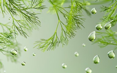 Wall Mural - Dill sprigs mid-air with refreshing green droplets.