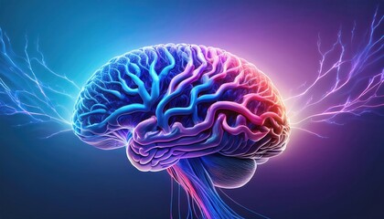 Poster - vibrant illustration of human brain with colorful neural connections and electric sparks