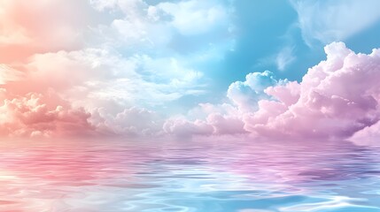 Poster - Peaceful and ethereal pastel colored seascape with a calm reflective sea and dreamy wispy clouds creating a serene and tranquil atmosphere  This digital artwork evokes a sense of escape