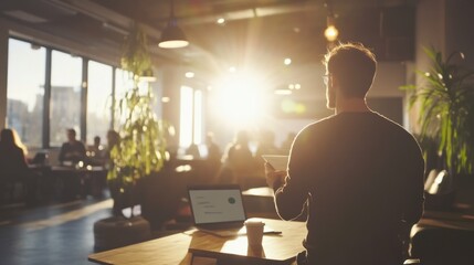 Poster - Man using tablet, sunset office, coworkers background, website banner