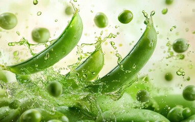 Wall Mural - Green peas flying out of pods with splashes of green juice.