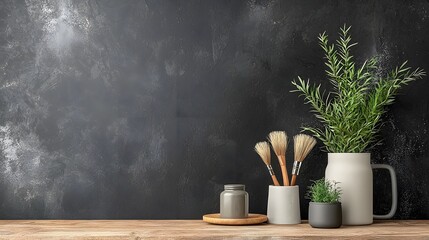 Poster - Minimalist still life arrangement featuring lush greenery ceramic pitchers and brushes on a dark textured table in a cozy natural interior setting  Serene earthy and calming aesthetic