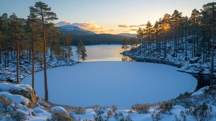 Poster - Peaceful Winter Sunset over Frozen Lake and Snow Covered Pine Trees