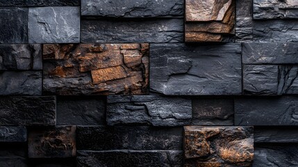 Poster - Weathered stone wall texture with an abstract and rustic architectural design  Closeup image of an old grungy and minimalist building facade with natural earthy tones and geometric patterns