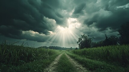 Poster - Dramatic dark stormy clouds and rays of light break through the gloomy sky over a winding rural countryside path surrounded by lush green fields and trees  This moody
