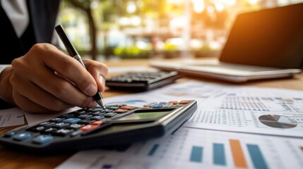 Poster - Businessperson calculating finances outdoors, laptop & charts
