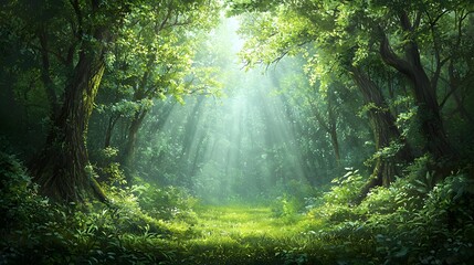 Poster - Ethereal sunlight beams through the lush verdant canopy of a serene forest casting a magical dreamlike glow upon the woodland path below  This tranquil