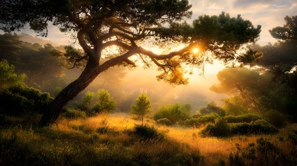 Poster - Breathtaking sunset scene illuminating a lush verdant forest landscape with glowing rays of light filtering through the trees creating a captivating and enchanting atmosphere