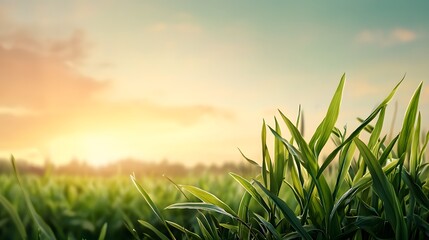 Poster - Vibrant green field and serene sunset landscape in rural countryside  Lush foliage glowing light and peaceful atmosphere create an idyllic natural backdrop