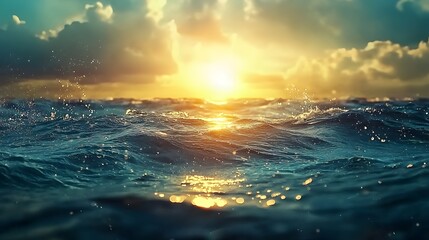 Poster - Stunning golden sunset illuminating the vast ocean with dramatic clouds and gentle waves lapping at the shoreline creating a serene and picturesque coastal landscape