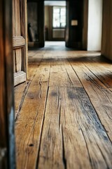 Poster - Open wooden door reveals aged wood floor, distant window.