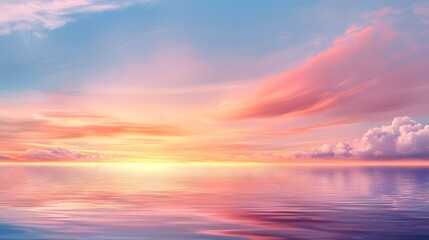 Poster - Breathtaking sunset seascape with a vibrant colorful sky reflected in the still calm waters of the ocean  The peaceful serene scene creates a dreamlike ethereal atmosphere