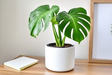 Fototapete - Monstera plant in white pot on wood table with notebook and picture frame against white wall
