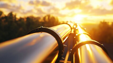 Aufkleber - Golden sunset over pipeline system with warm light and blurred trees in the background