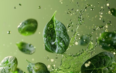 Wall Mural - Spinach leaves floating with green liquid splashes.