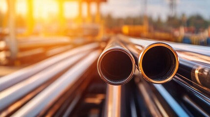 Aufkleber - Shiny metal pipes stacked at construction site with warm sunlight and blurred background