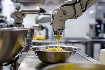 Poster - Robotic arm dispensing yellow substance into stainless steel bowl in a modern kitchen