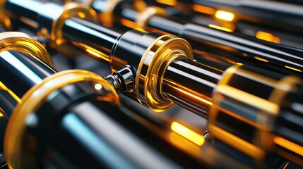 Aufkleber - Shiny metal rods with golden rings reflecting light in a dark abstract background