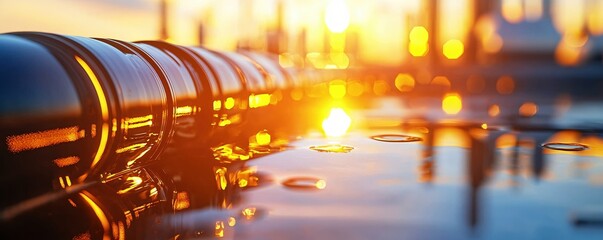 Aufkleber - Sunset reflection on dark liquid surface with golden light and bokeh effect in background