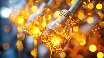 Poster - Golden liquid flowing from glass bottle with bokeh lights background abstract close up view