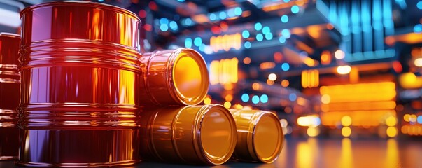 Aufkleber - Stacked metal barrels with glossy red and gold finish against blurred city lights background
