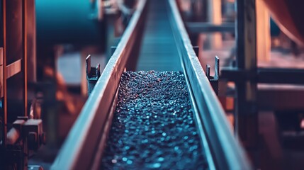 Aufkleber - Conveyor belt with dark material moving along in a factory setting with industrial mood