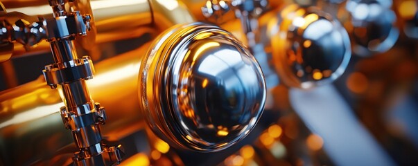 Poster - Shiny metal sphere and pipes with golden reflections in a close up abstract industrial view