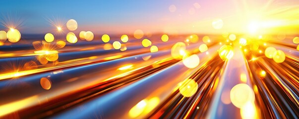 Aufkleber - Golden light reflecting on metal pipes abstract background with bokeh effect and bright sun