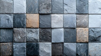 Poster - Textured Mosaic Pattern of Natural Stone Tiles on Wall Surface  Abstract Geometric Background with Rough Weathered Slate Blocks in Shades of Gray  Minimalist Industrial Decor Concept