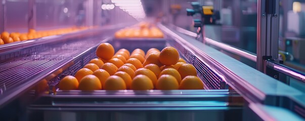 Aufkleber - Fresh oranges on a conveyor belt in a food processing plant with a modern industrial look