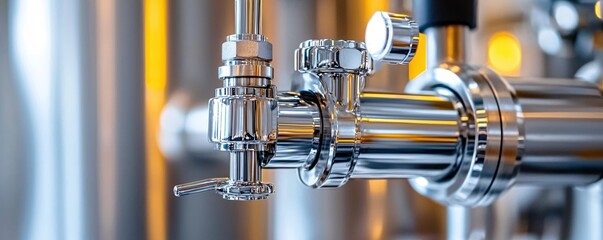 Aufkleber - Shiny Metal Pipes and Valves with a Blurred Background in a Modern Industrial Setting