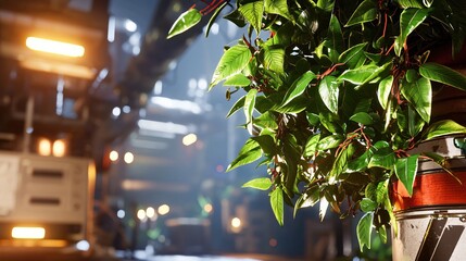 Poster - Lush green plant with red stems in focus against a blurred industrial background with lights