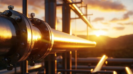 Aufkleber - Industrial pipes and fittings at sunset with warm golden light and blurred background