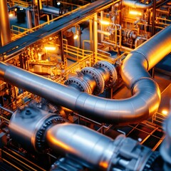 Aufkleber - Industrial plant with large metal pipes and bright lights at night creating a complex network